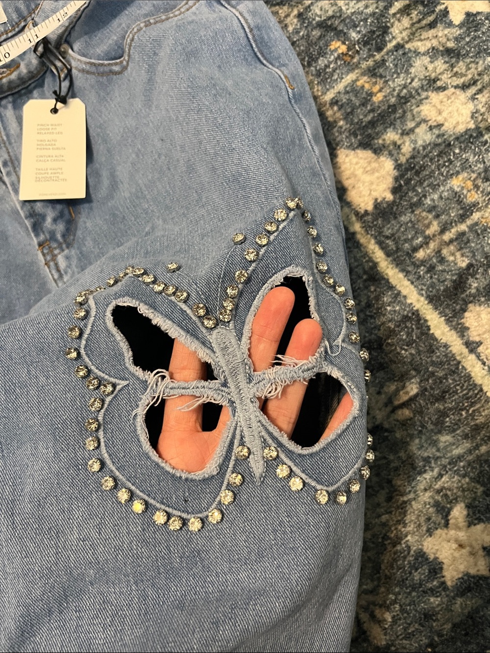 Light Blue Women's Butterfly Cutout Embellished Jeans - Picture 7 of 7